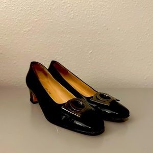 Vintage Salvatore Ferragamo Kitten Heels Black Leather Buckle Slip On Chunky 6.5